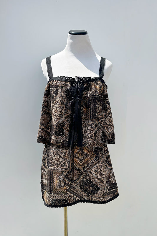 Espresso Boho Patchwork Lace Trim Tank + Skirt Set, US 6 Upcycled 2 Piece Coquette