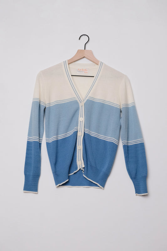 70’s Tennis Cardigan Baby Blue Ivory Colorblock US 6, Knit Boutique for Sears