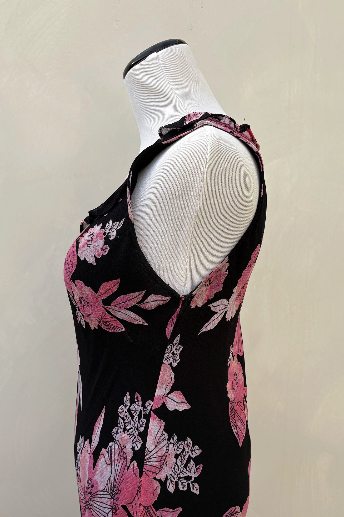 Black Pink Floral Ruffle Midi Dress, US Size 8, Vintage 2000s Fitted Style & Co Y2K
