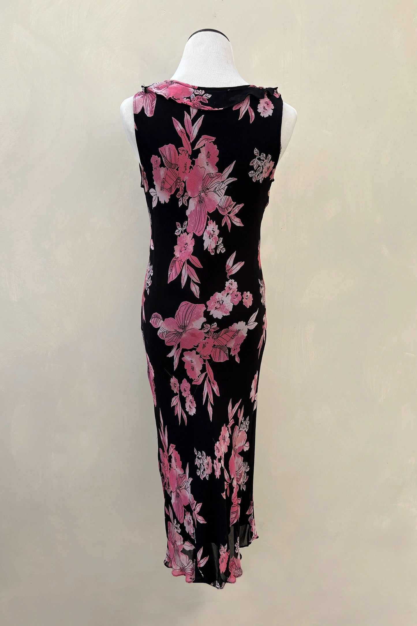 Black Pink Floral Ruffle Midi Dress, US Size 8, Vintage 2000s Fitted Style & Co Y2K
