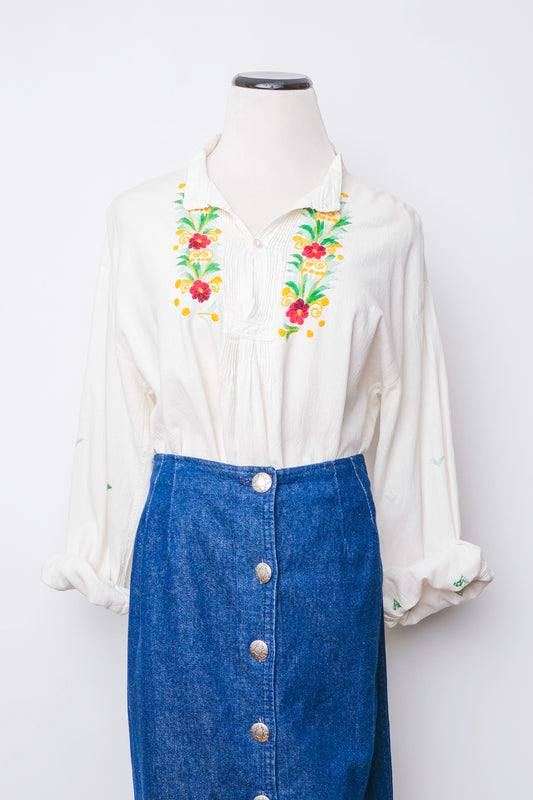 Vintage Floral Hand Embroidered White Gauzy Poet Blouse US 8 M, 70's