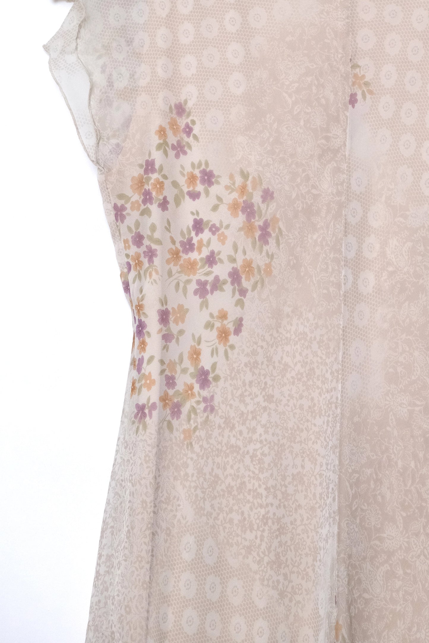 DBY Ltd Floral Digital Patchwork Print Dress Cream Flutter Sleeve, Y2K US 4/6