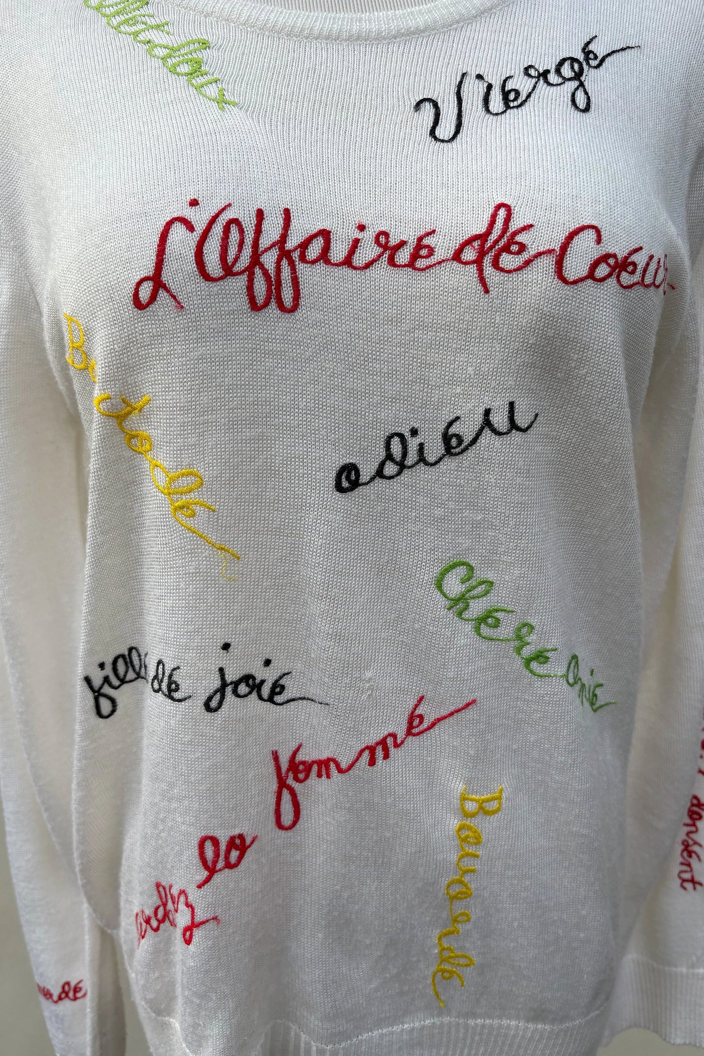 Naughty Embroidered French Words Long Sleeve Knit Top Cream Kitsch, US 4