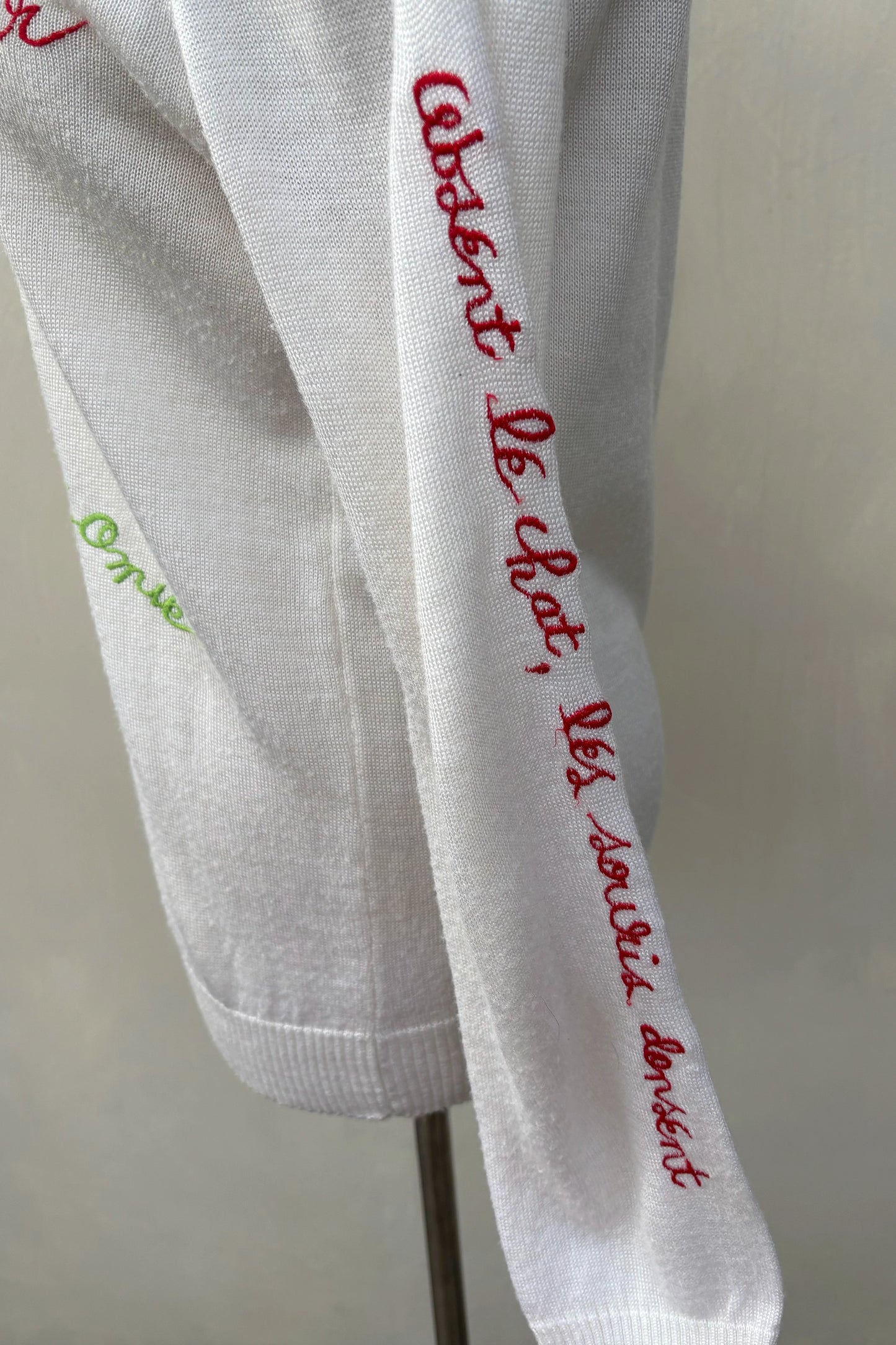 Naughty Embroidered French Words Long Sleeve Knit Top Cream Kitsch, US 4
