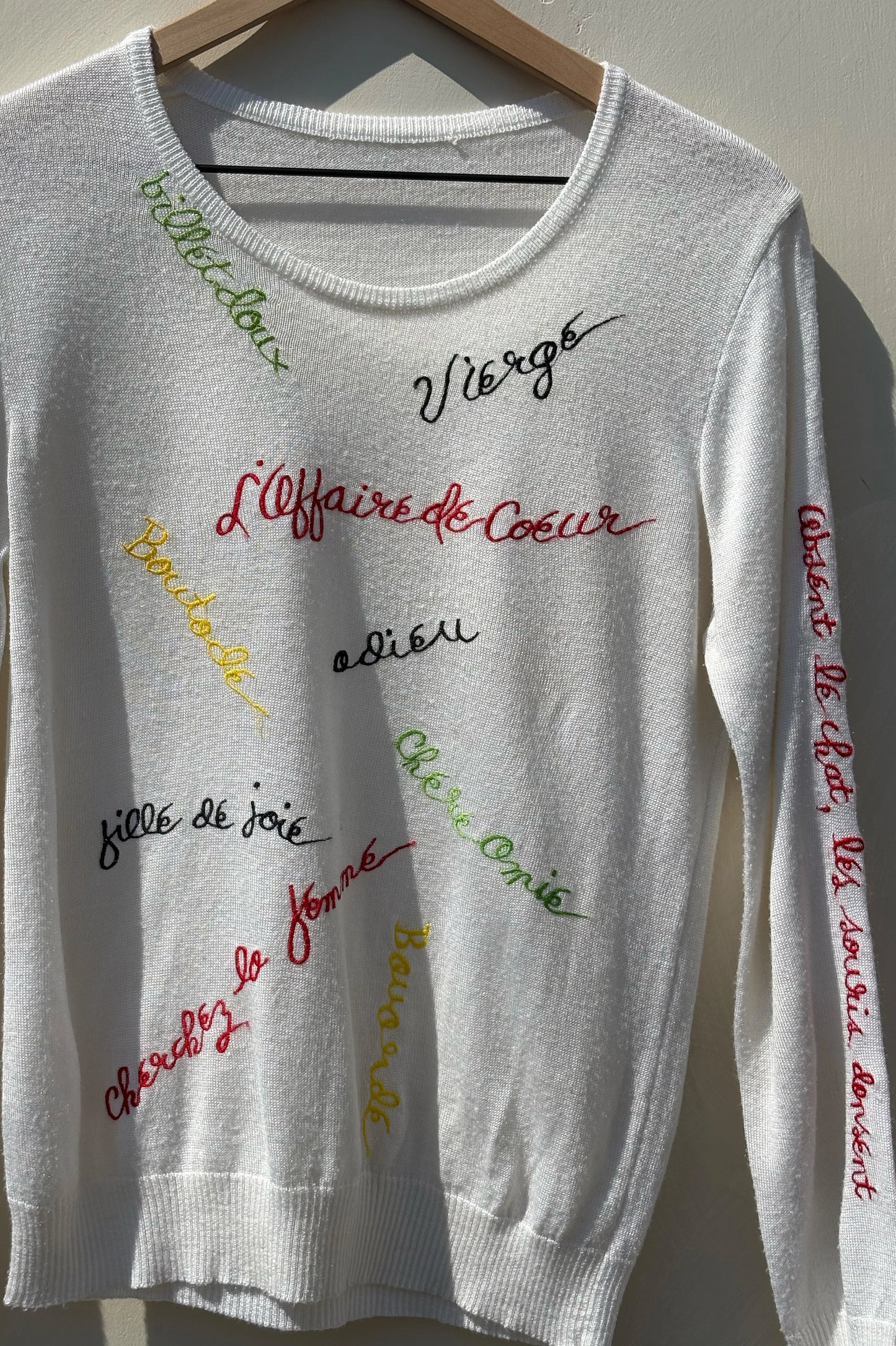 Naughty Embroidered French Words Long Sleeve Knit Top Cream Kitsch, US 4