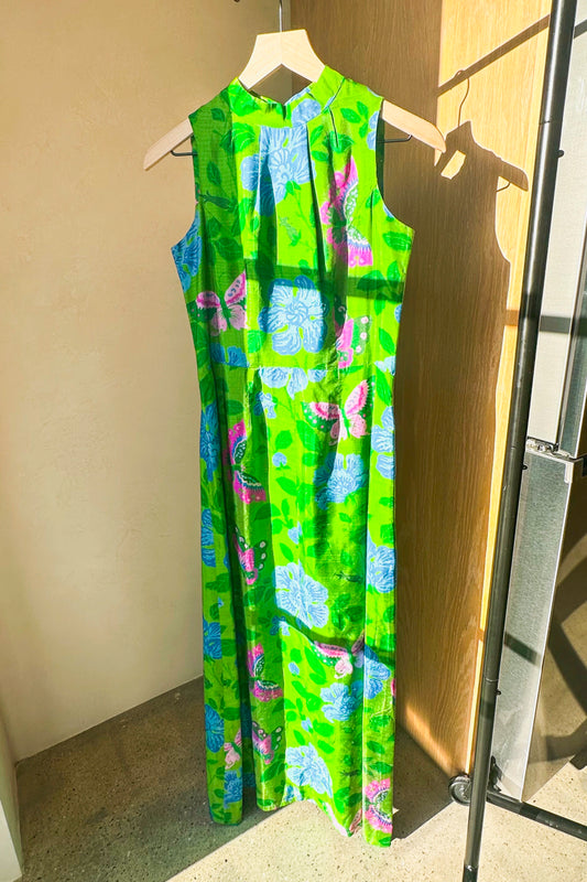 70's Hawaiian Maxi Dress Emerald Green Hot Pink Butterflies US 4/6 S