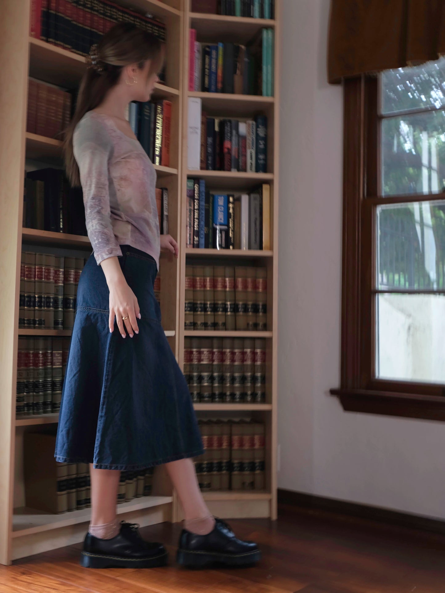 Halogen Dark Blue Denim A-Line Midi Skirt, Y2K