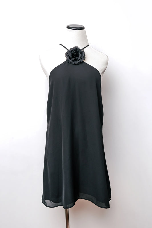 Lucy Love Black Halter Dress Silk Rose US 6 M Y2K Upcycled