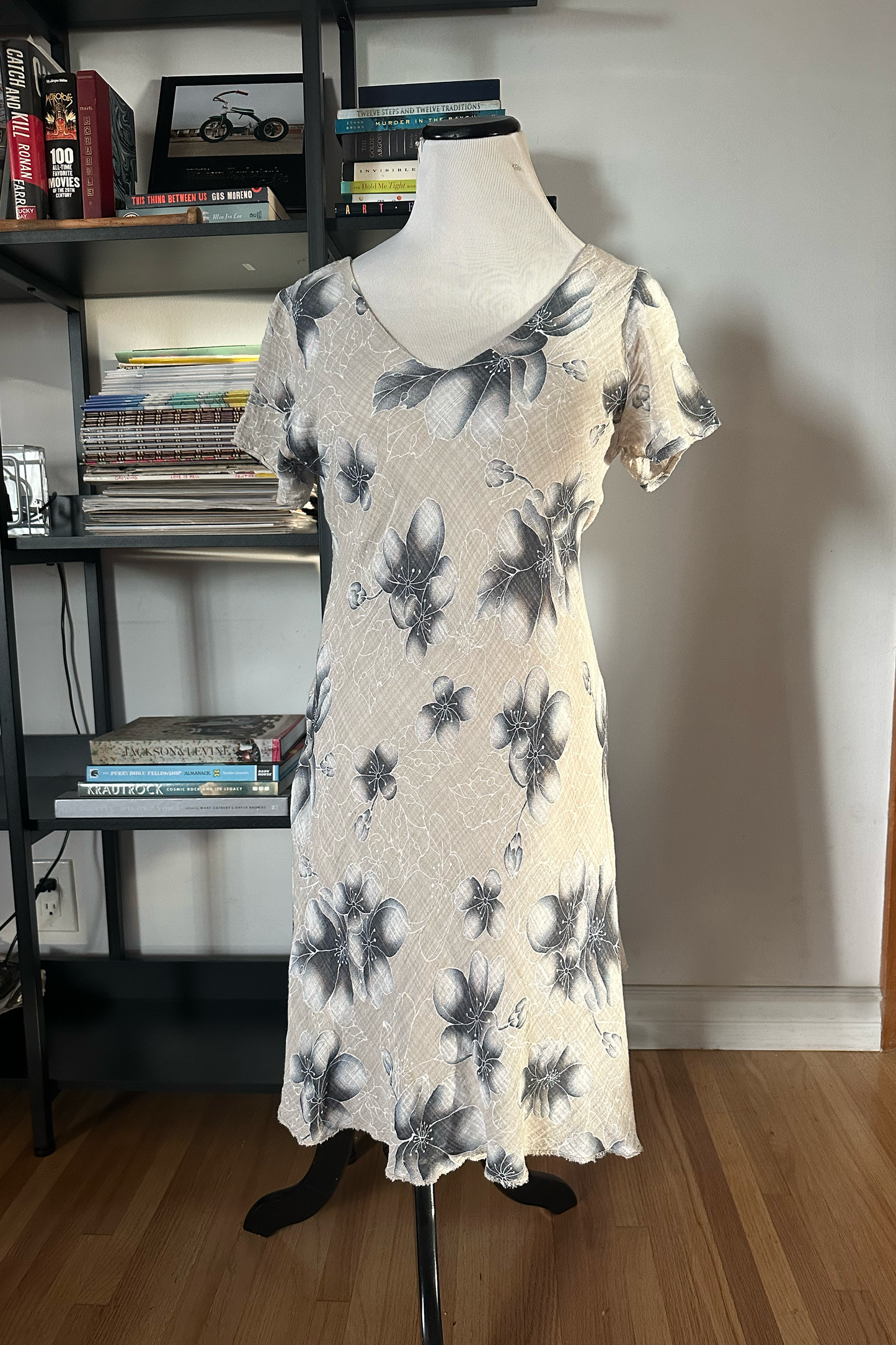Y2K Italian Gauzy Layered Floral Mini Dress, Gray Blue, US Size 6, Vacation