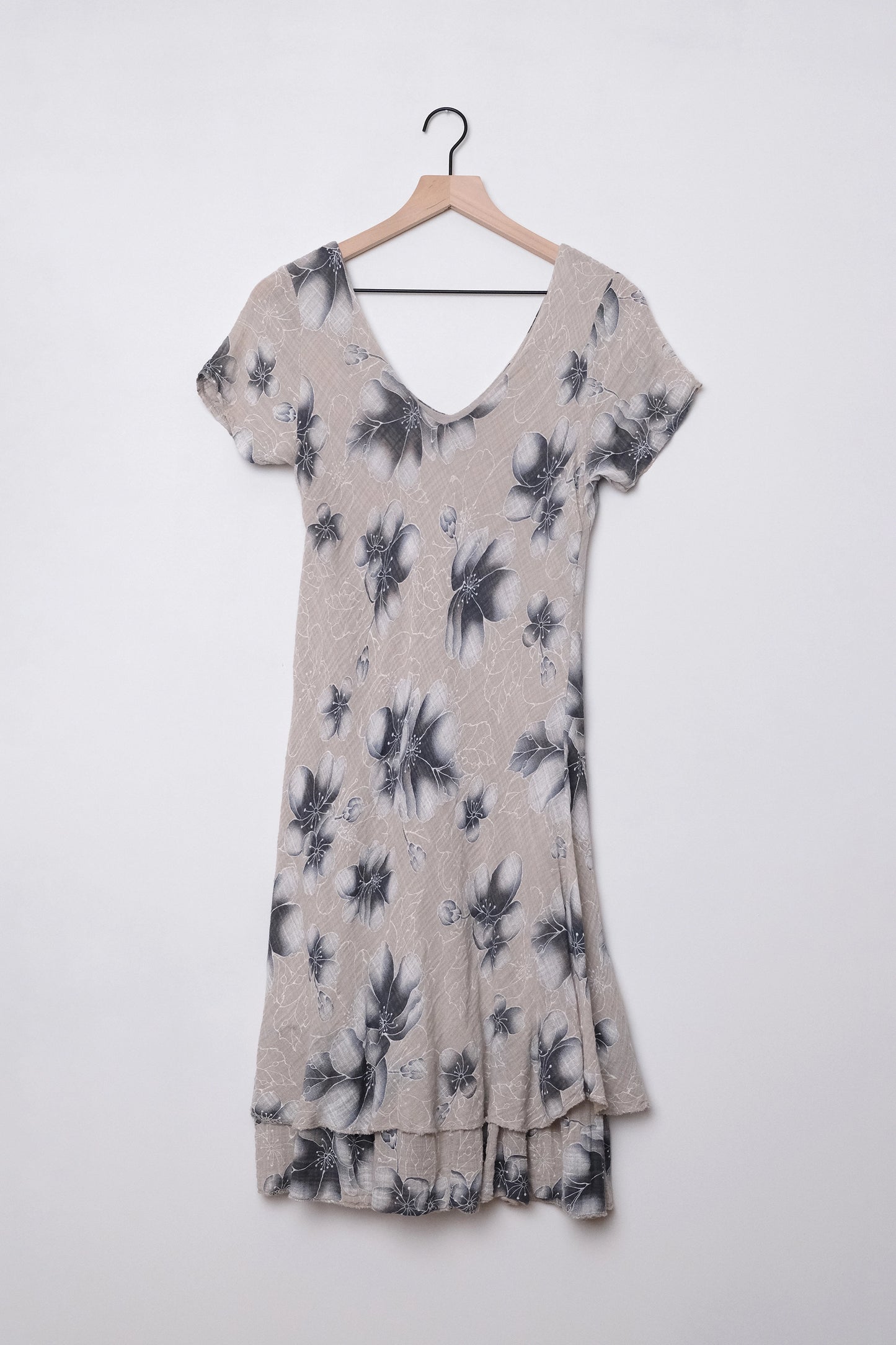 Y2K Italian Gauzy Layered Floral Mini Dress, Gray Blue, US Size 6, Vacation