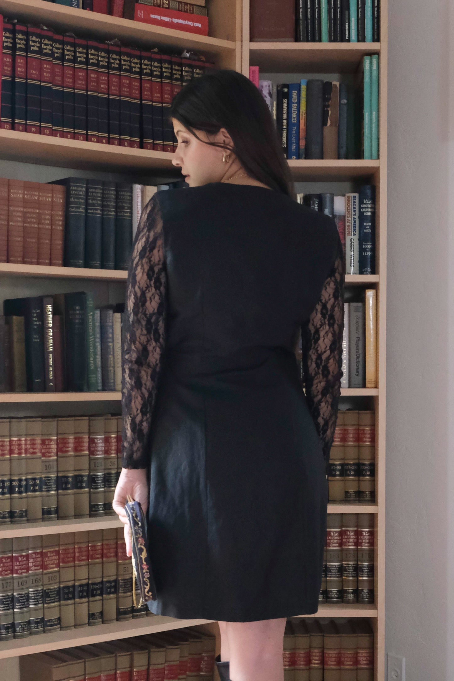 Black Linen & Lace Dress US 6, 80's Knee Length Jennifer Eden