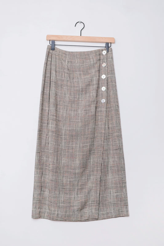 Plaid Brown Linen Blend Midi Skirt US 8, 80's Karen Kane