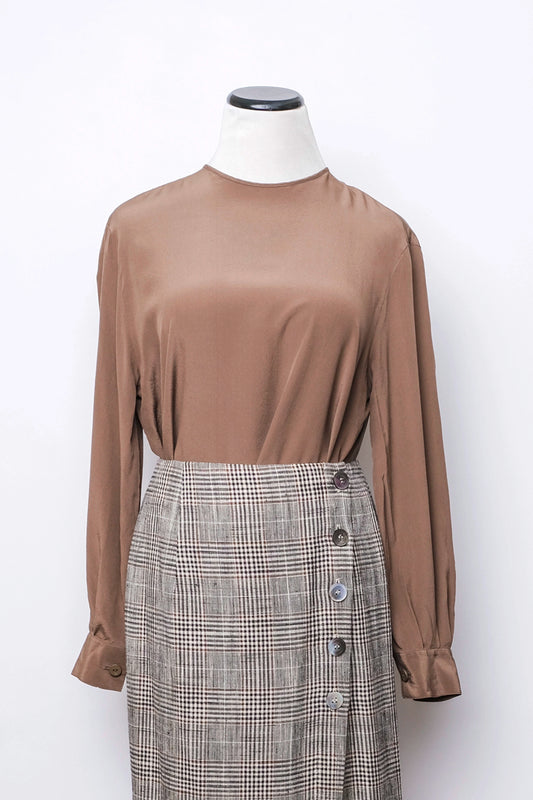 80s Krizia Italian Silk Blouse, Chocolate Brown, US Size 6, Modern Minimalist