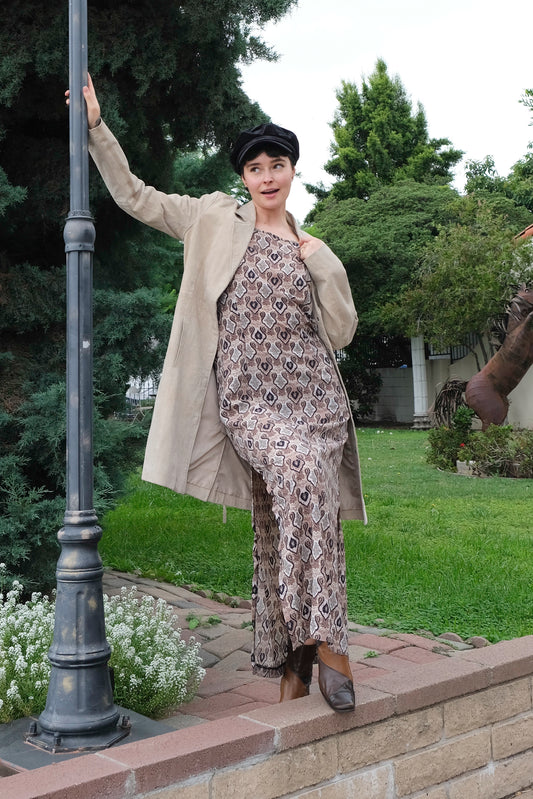 Boho Paisley Brown Maxi Dress US 6/8, 90's La Belle Earthy Hippie