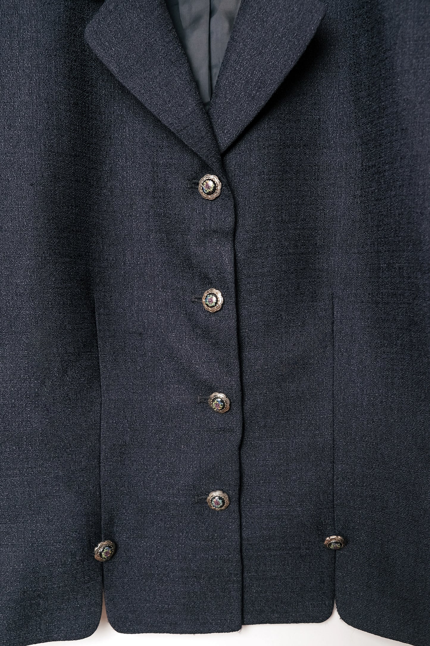 Le Suit Navy Blue Short Sleeve Jacket Victorian Floral Buttons US 8 90's