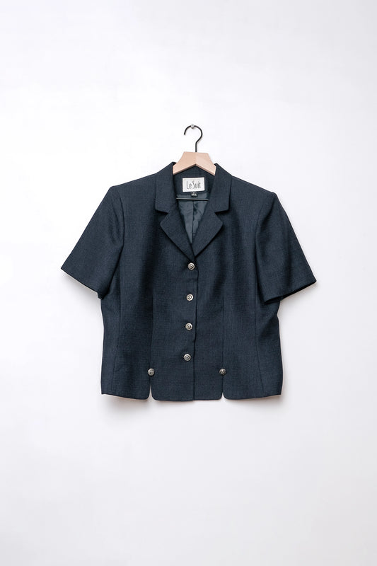 Le Suit Navy Blue Short Sleeve Jacket Victorian Floral Buttons US 8 90's