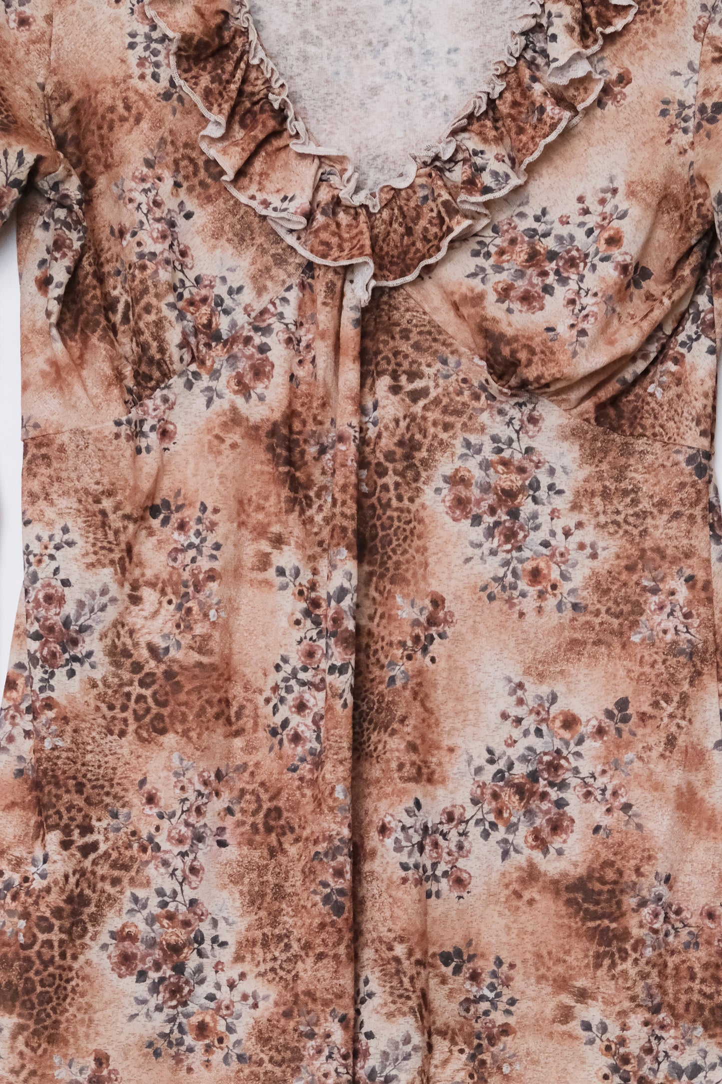 No Boundaries Ruffle Leopard Floral Blouse US 8, Y2K