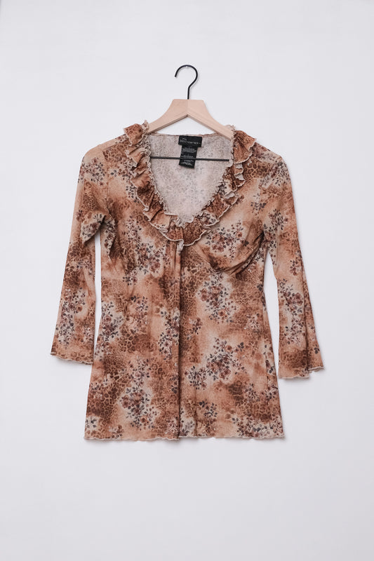 No Boundaries Ruffle Leopard Floral Blouse US 8, Y2K