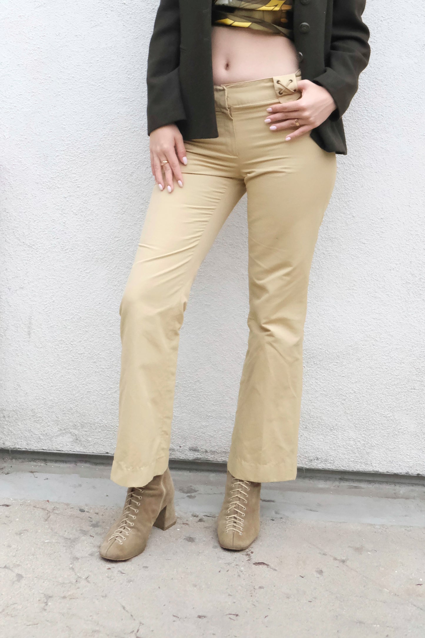 Morgan De Toi Lace Up Low Rise Camel Bootcut Pants, 26 x 29” US 4 Y2K 90’s