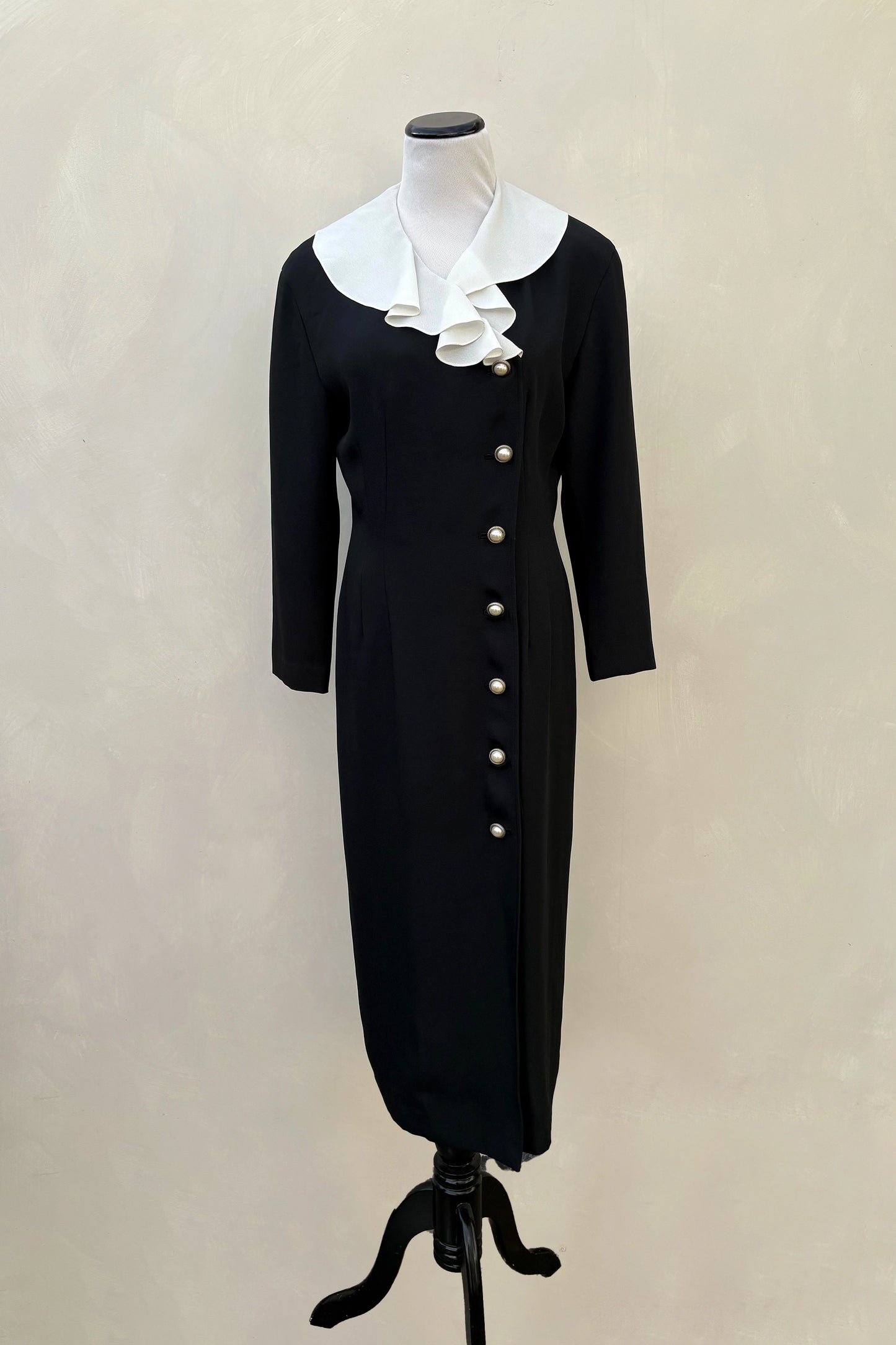 80's Nora Noh Black Pencil Dress, White Ruffle Collar US 6