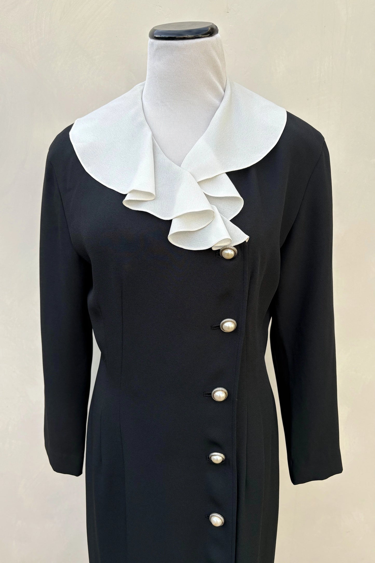 80's Nora Noh Black Pencil Dress, White Ruffle Collar US 6