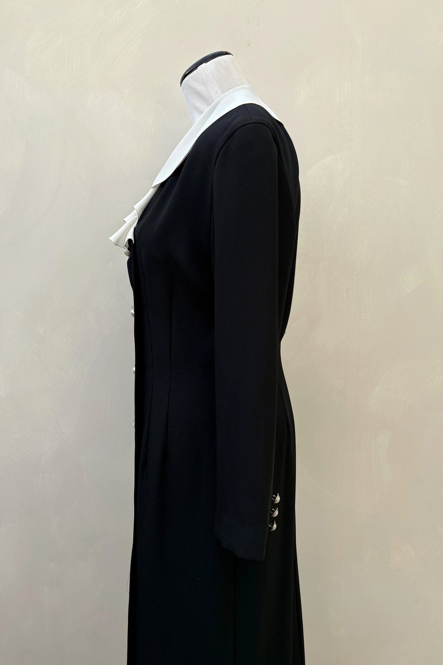 80's Nora Noh Black Pencil Dress, White Ruffle Collar US 6