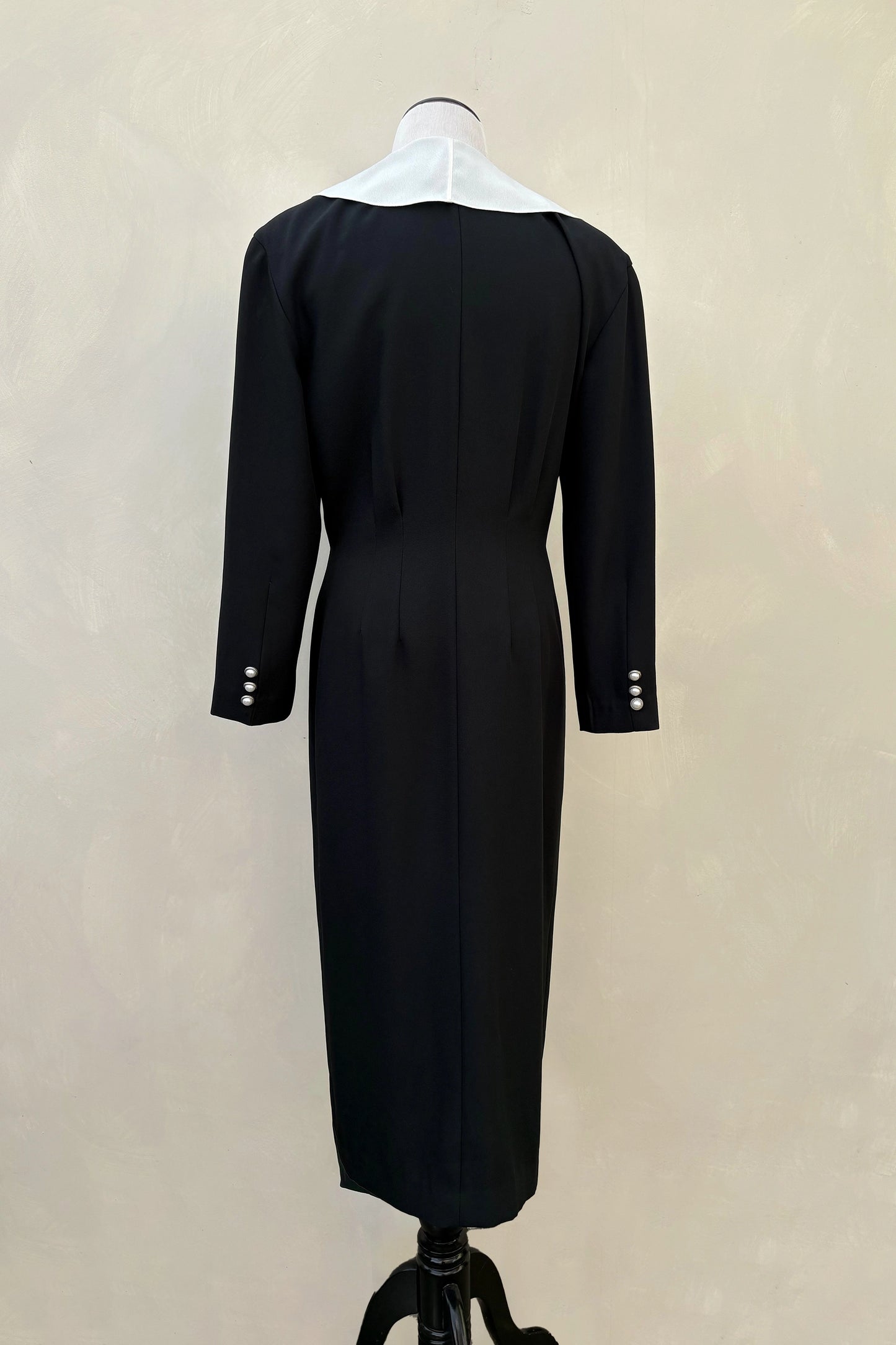 80's Nora Noh Black Pencil Dress, White Ruffle Collar US 6