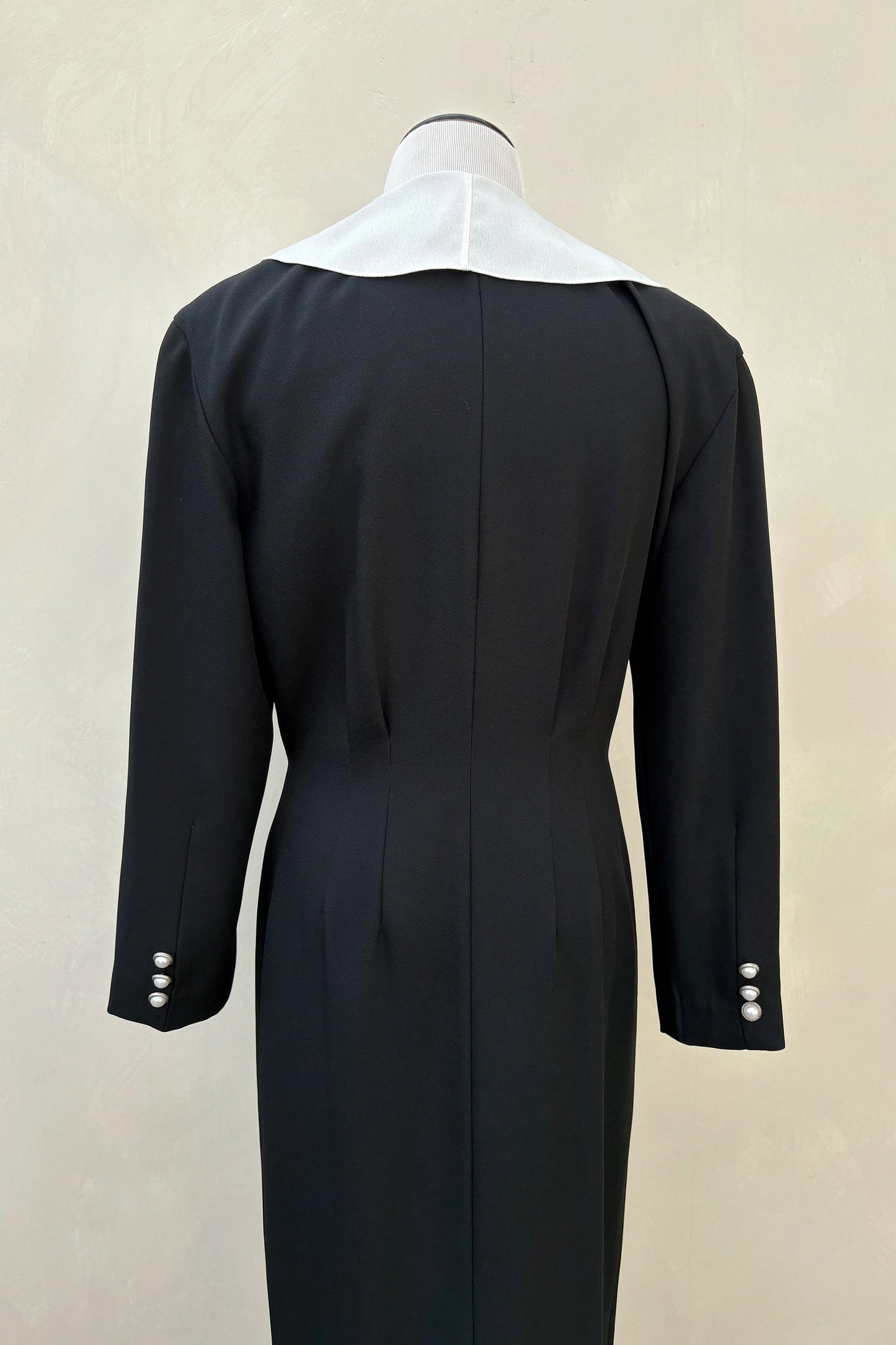 80's Nora Noh Black Pencil Dress, White Ruffle Collar US 6
