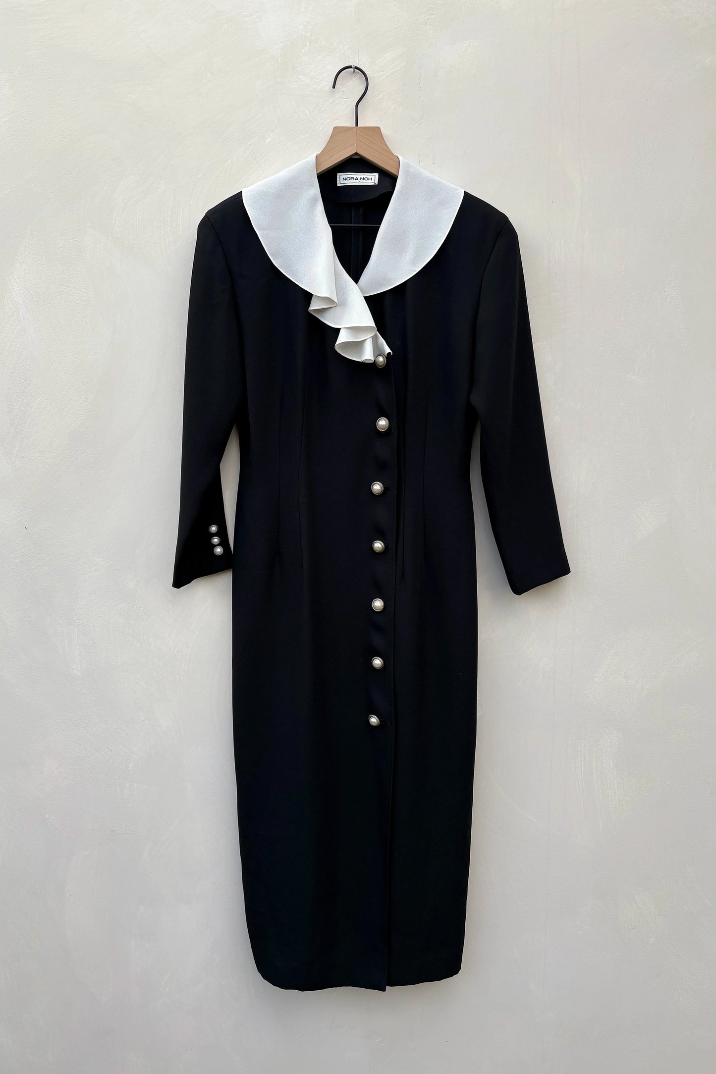 80's Nora Noh Black Pencil Dress, White Ruffle Collar US 6