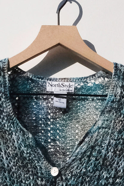 Crochet Melange Blue Short Sleeve Cardigan US 6, Swim Coverup Mother of Pearl