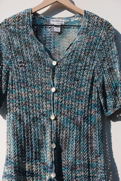 Crochet Melange Blue Short Sleeve Cardigan US 6, Swim Coverup Mother of Pearl
