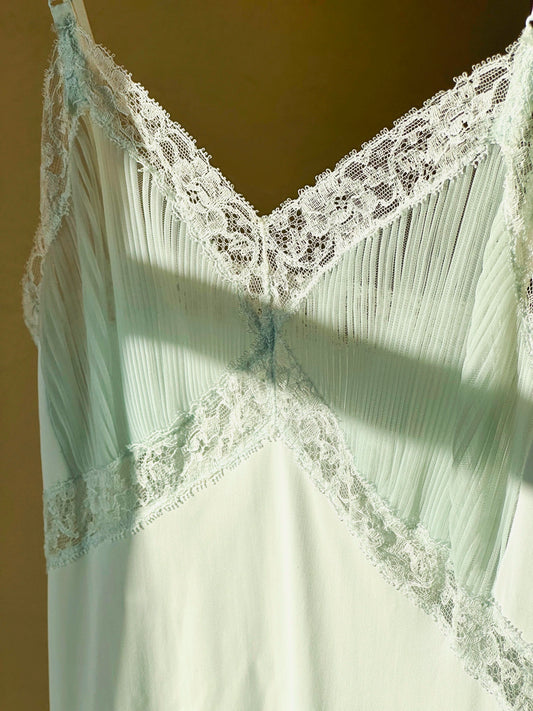 Pale Mint Blue Pleated Lace Slip Dress US 2, 90s