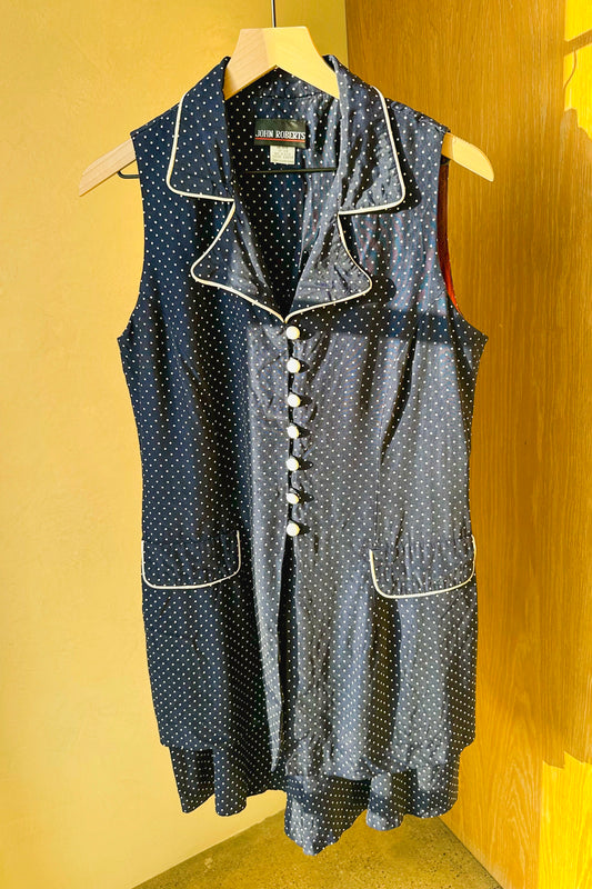 Micro Dot Navy Collared Sleeveless Romper Dress US 14 L John Roberts 90's