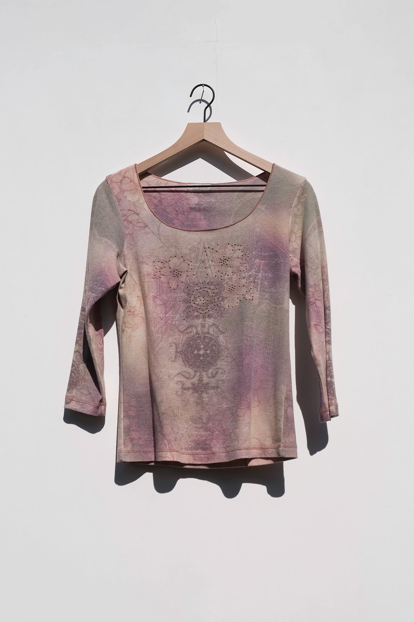 Long Sleeve Floral Tribal Print Top Rhinestone, Y2K