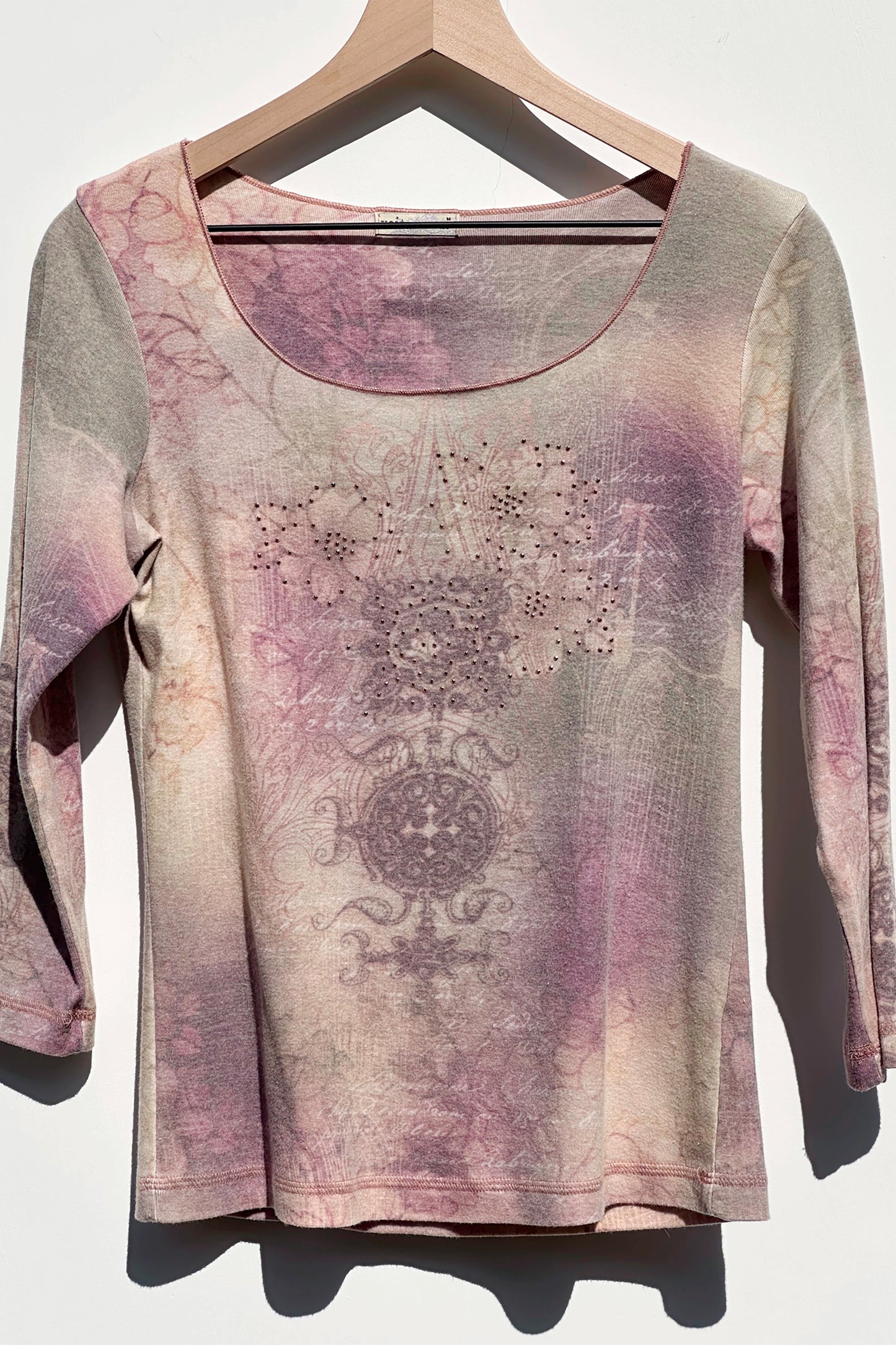 Long Sleeve Floral Tribal Print Top Rhinestone, Y2K