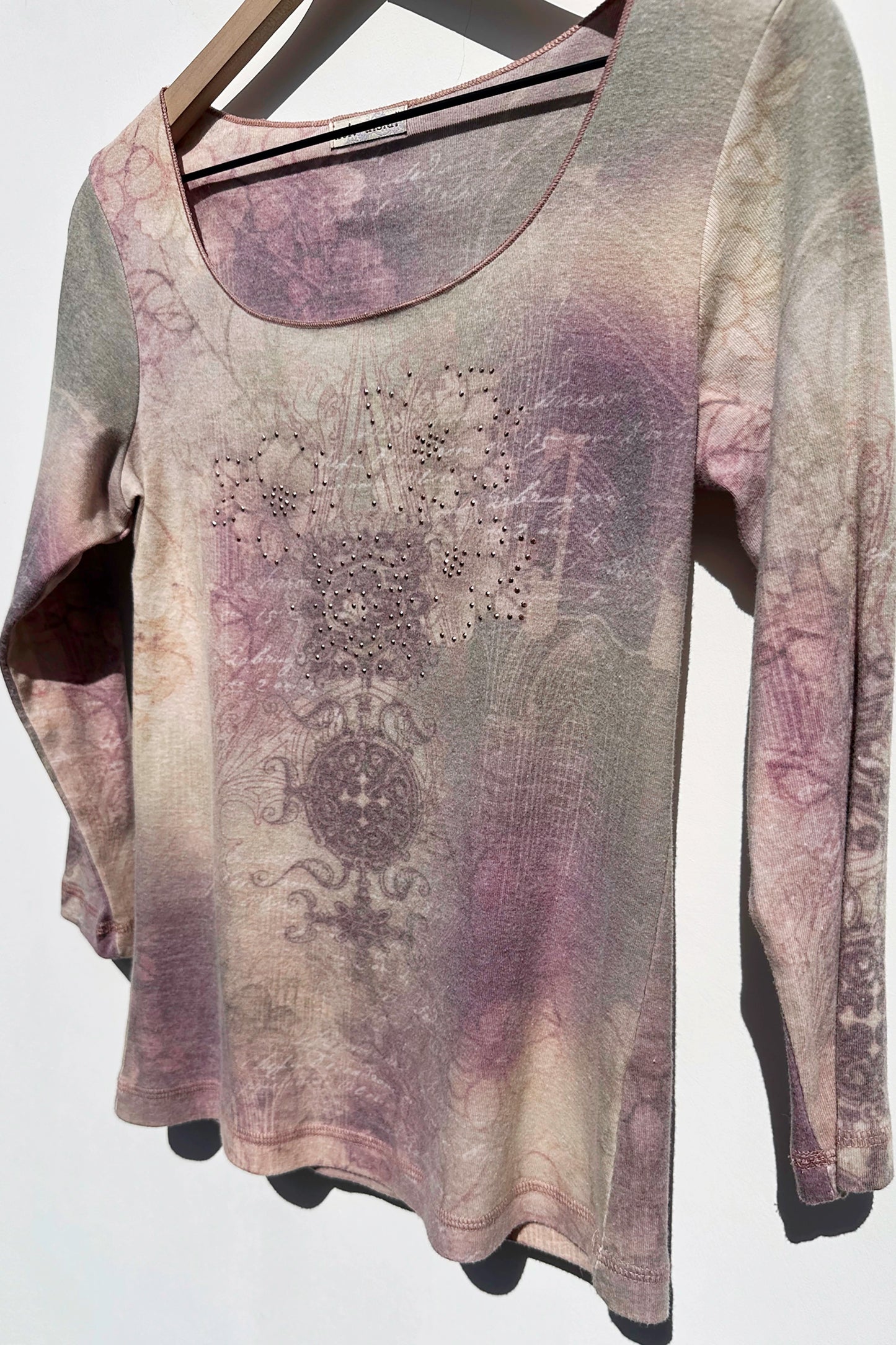 Long Sleeve Floral Tribal Print Top Rhinestone, Y2K
