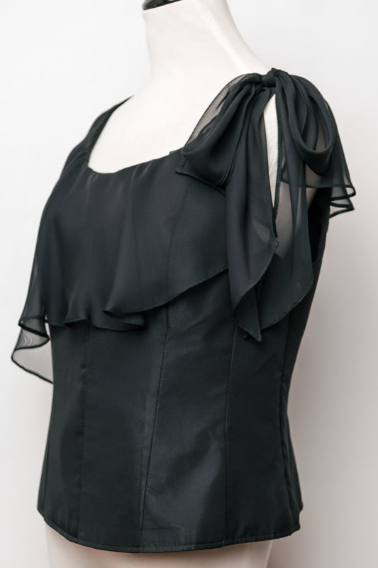 Black Sheer Ruffled Overlay Sleeveless Top Modern Avant Garde US XL 14, 90's Ricci Lizaso