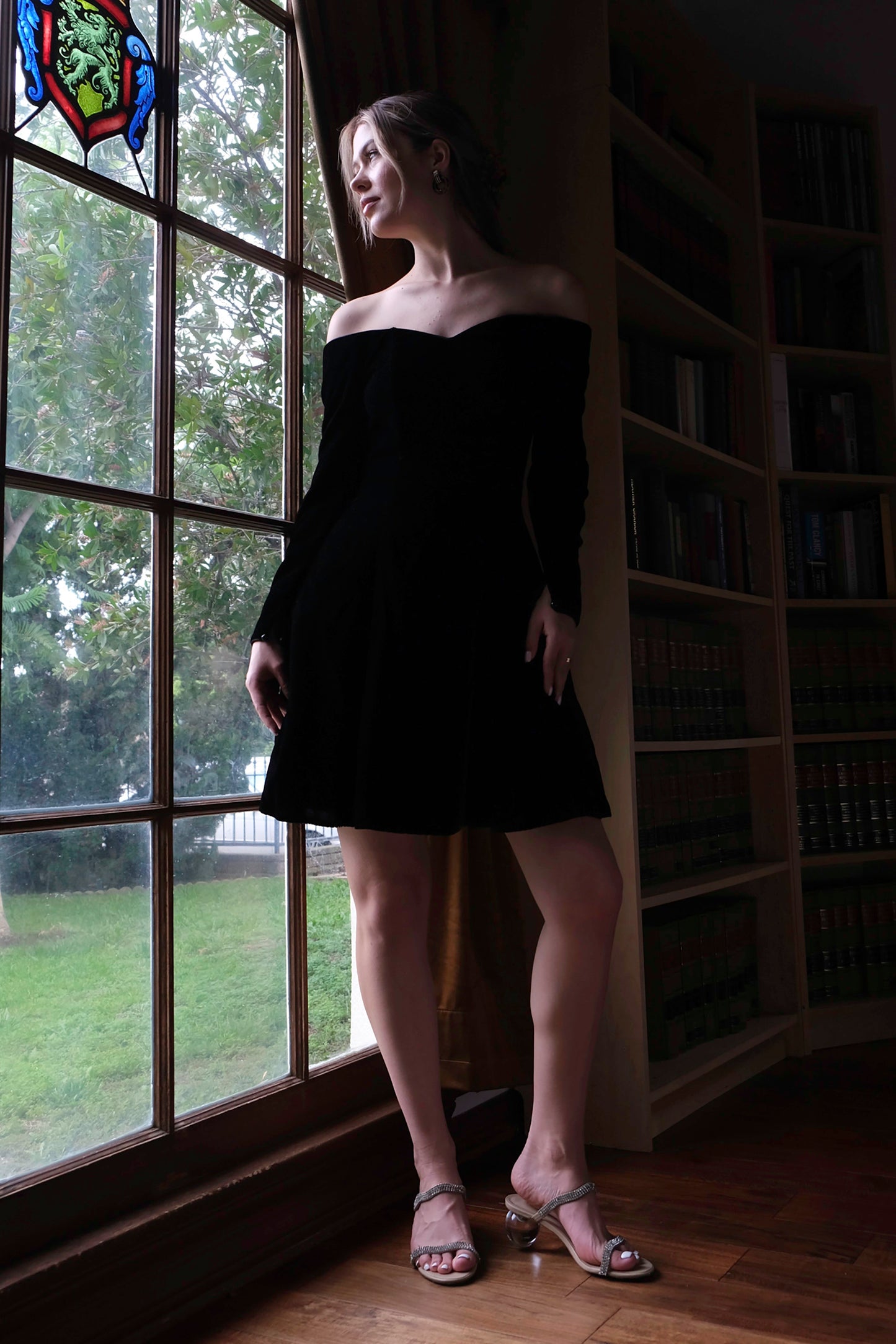 Roberta Velvet 80's Off-Shoulder Sweetheart Dress w/Long Sleeves