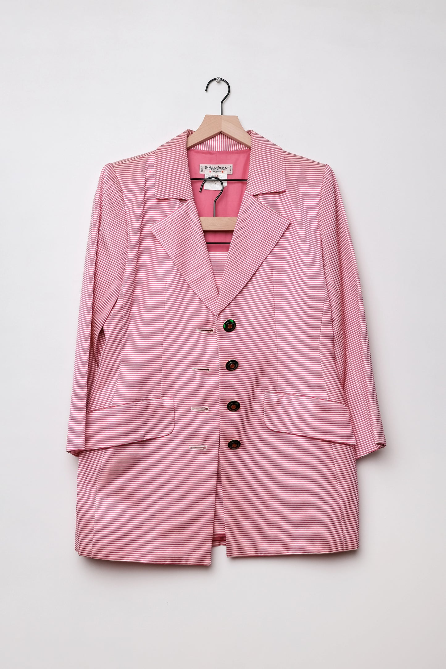 Yves Saint Laurent 80's Hot Pink/White Stripe Jacket Skirt Suit Set, US 10/L