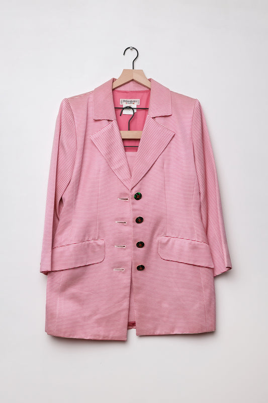 Yves Saint Laurent 80's Hot Pink/White Stripe Jacket Skirt Suit Set, US 10/L