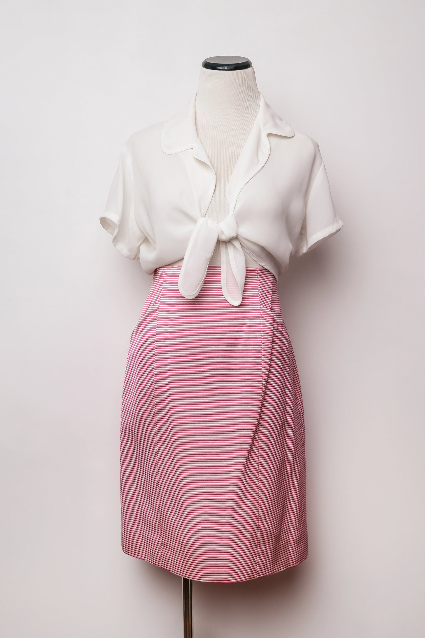Yves Saint Laurent 80's Hot Pink/White Stripe Jacket Skirt Suit Set, US 10/L