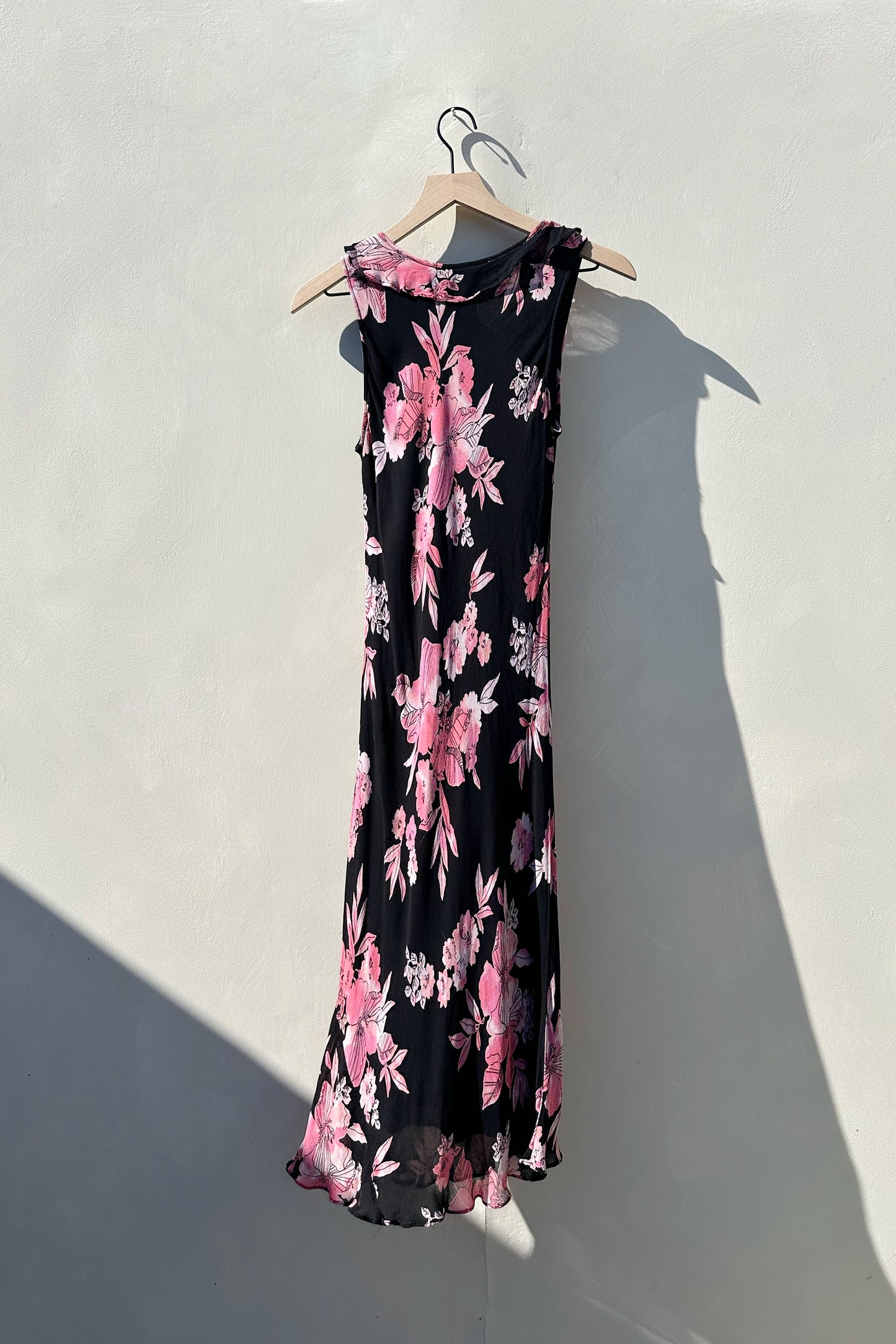 Black Pink Floral Ruffle Midi Dress, US Size 8, Vintage 2000s Fitted Style & Co Y2K