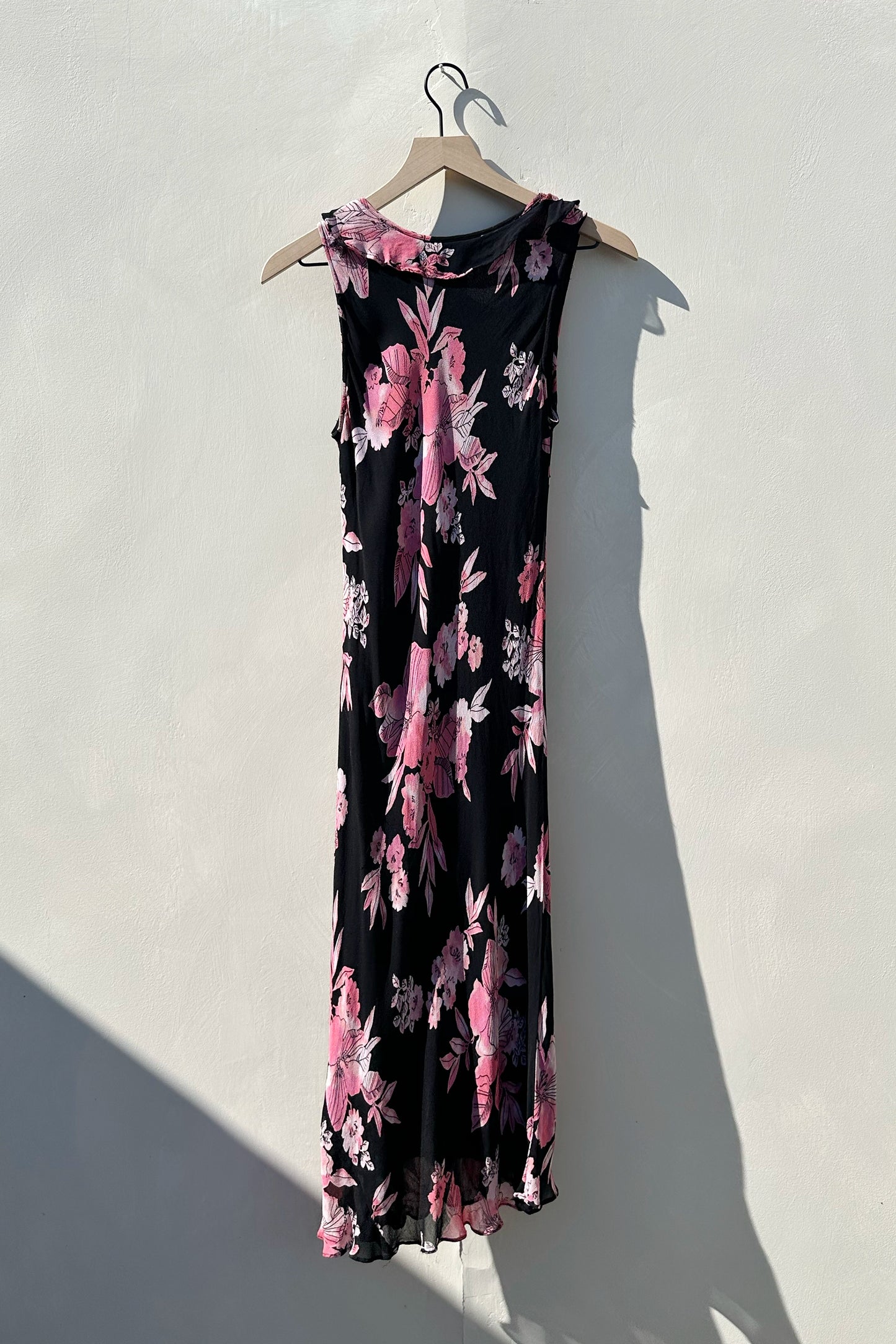 Black Pink Floral Ruffle Midi Dress, US Size 8, Vintage 2000s Fitted Style & Co Y2K