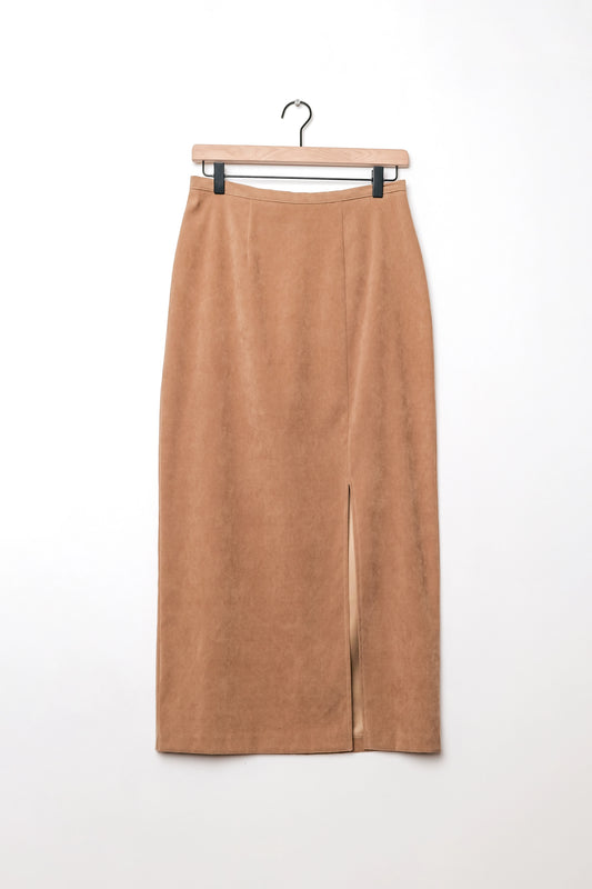 Faux Suede Tan High Waisted Midi Skirt US 8 M/L Y2K First Option Lightweight