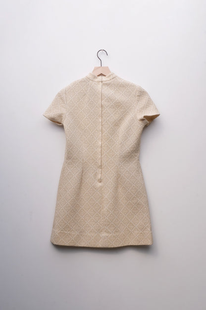 Cream 60's Mod Wallpaper Textured Pattern Dress Mock Neck, US 4/6