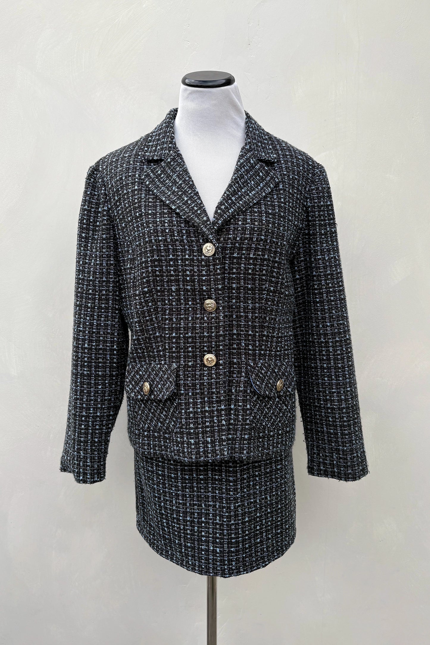 Vintage 90's Black Blue Tweed Skirt Suit Skirt Set, Upcycled US 12