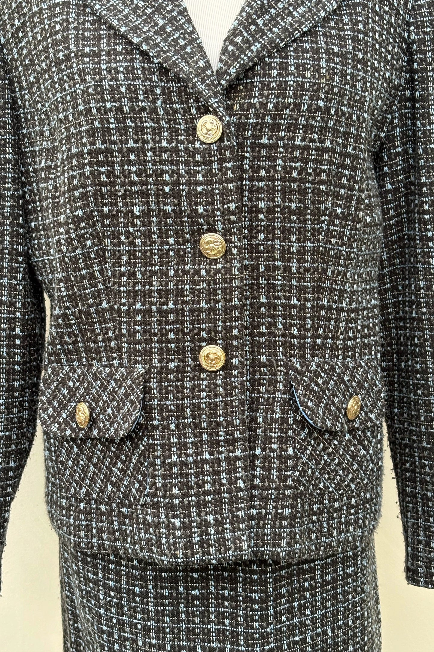 Vintage 90's Black Blue Tweed Skirt Suit Skirt Set, Upcycled US 12