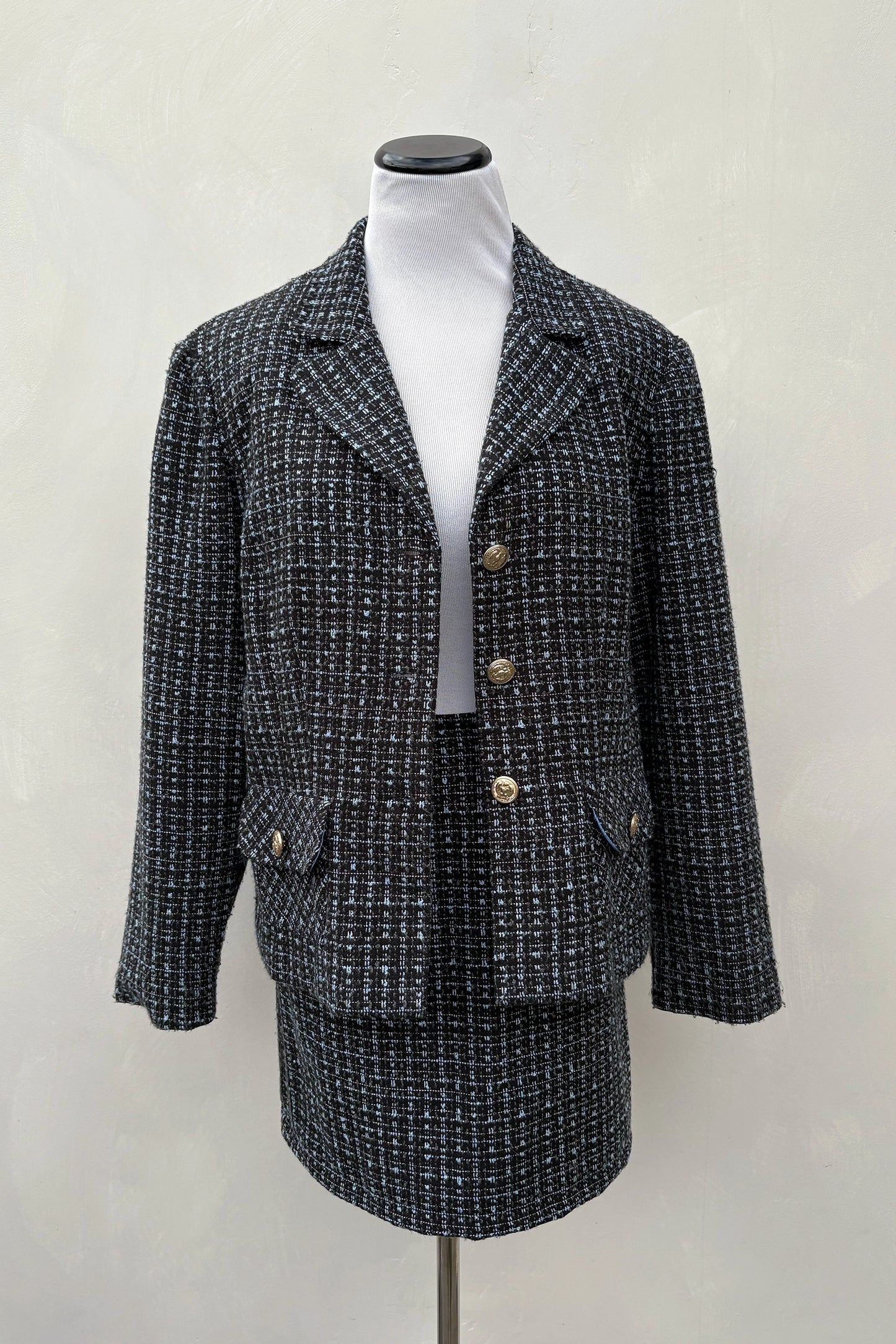 Vintage 90's Black Blue Tweed Skirt Suit Skirt Set, Upcycled US 12