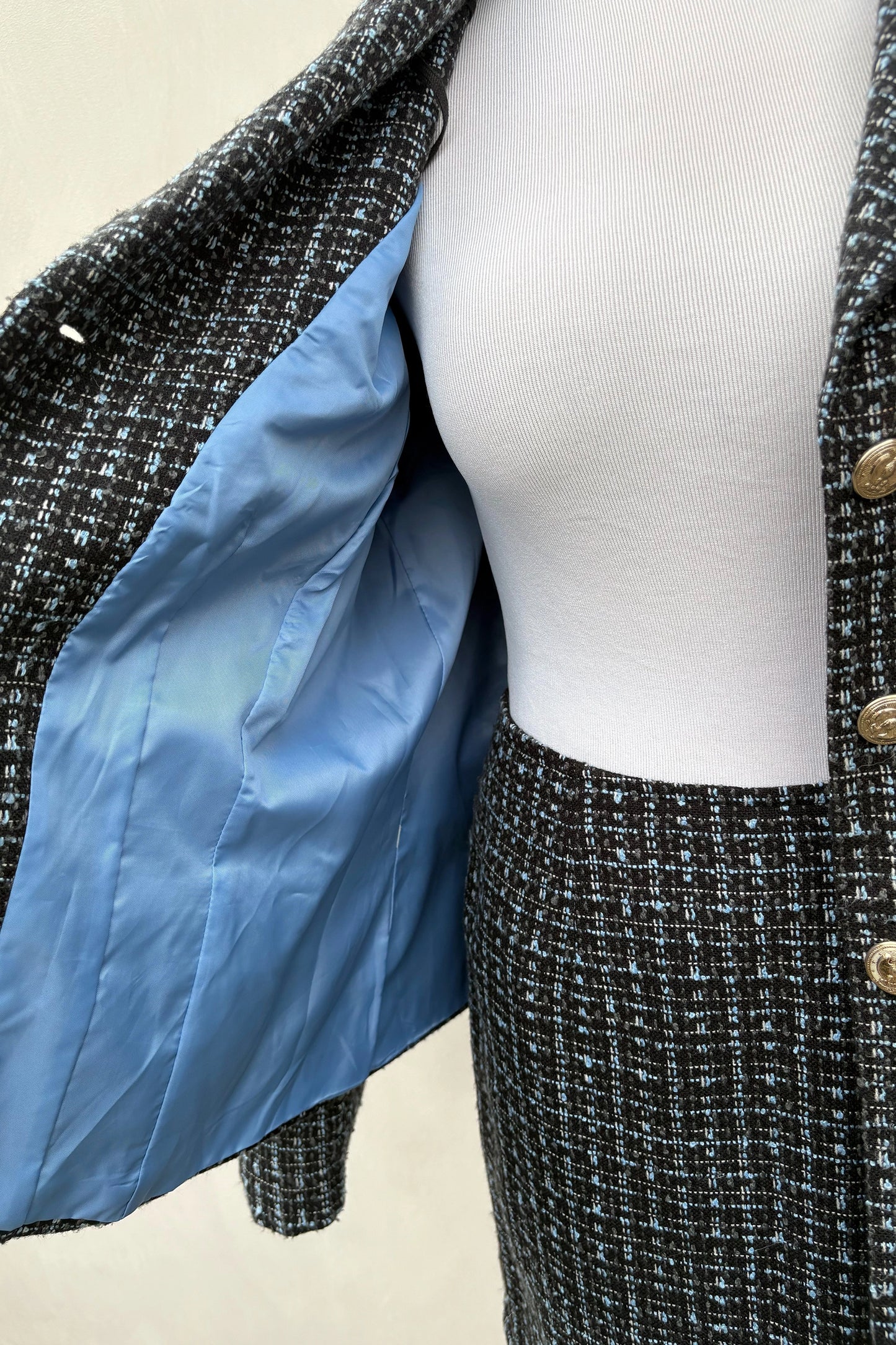 Vintage 90's Black Blue Tweed Skirt Suit Skirt Set, Upcycled US 12