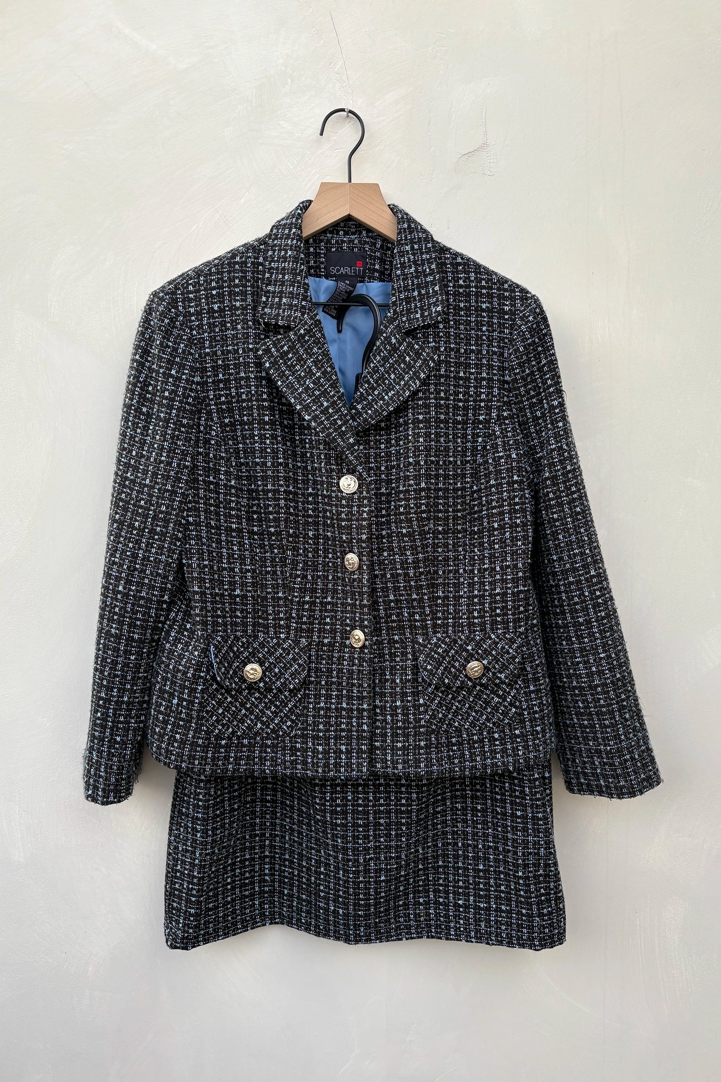 Vintage 90's Black Blue Tweed Skirt Suit Skirt Set, Upcycled US 12